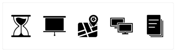 A set of 5 Mix icons as hourglass, projector screen, setting map vector