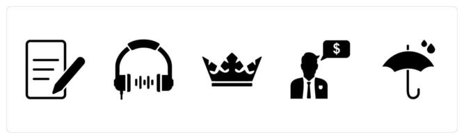A set of 5 Mix icons as edit document, dj headphone, prince crown vector