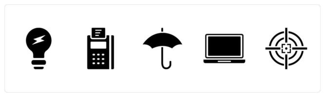 A set of 5 Business icons as idea bulb, card swipe machine, umbrella vector