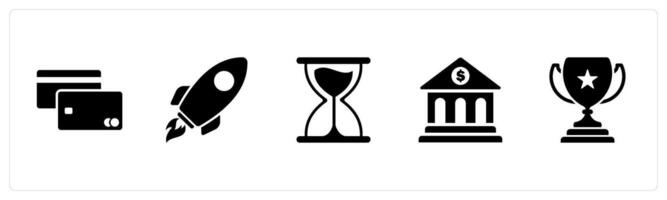 A set of 5 Mix icons as debit card, rocket, hourglass vector