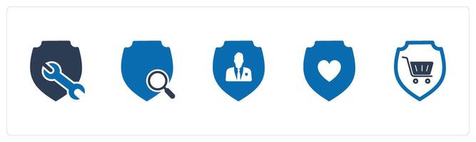 A set of 5 Internet icons as shield maintenance, shield search, private shield vector
