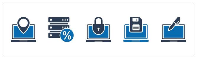 A set of 5 Internet icons as laptop location, server discount, laptop protection vector