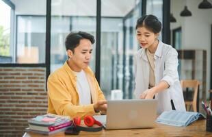 Young students quarrel when their work fails and goals are not met. , communication does not understand each other photo