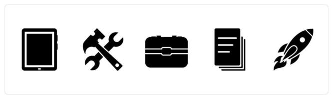 A set of 5 Mix icons as tablet, hand tool, business bag vector
