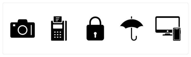 A set of 5 Business icons as dslr, card swipe machine, lock vector