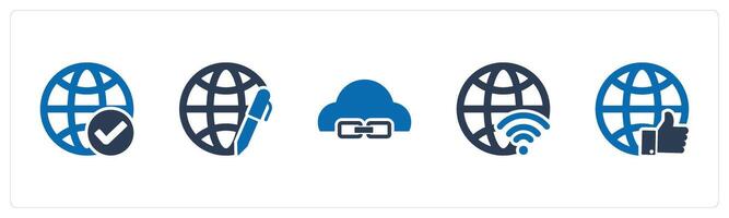 A set of 5 Internet icons as approved global, global edit, link cloud vector