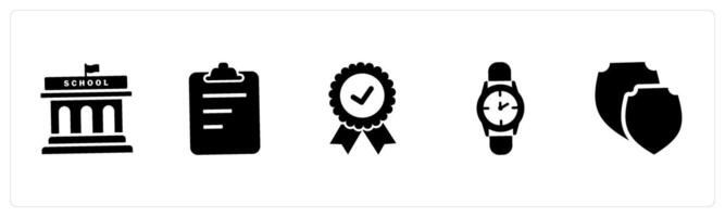 A set of 5 Mix icons as school building, text clipboard, badge vector