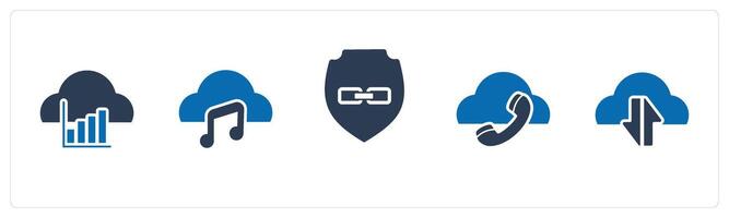 A set of 5 Internet icons as cloud statistics, music cloud, link security vector