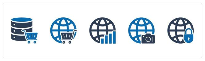A set of 5 Internet icons as server cart, global cart, global statistics vector