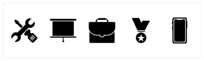 A set of 5 Mix icons as repair tool, projector screen, portfolio vector