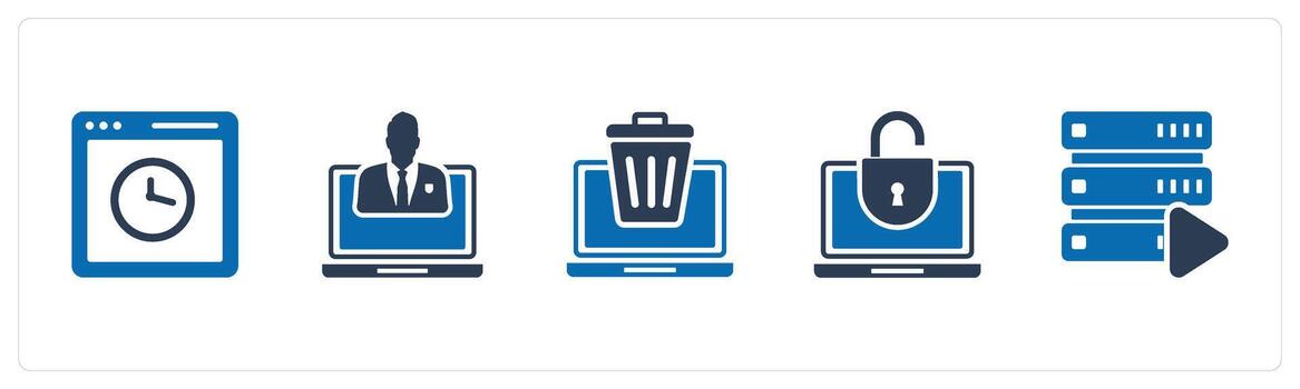 A set of 5 Internet icons as webpage time, private laptop, remove laptop vector