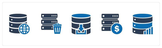 A set of 5 Internet icons as global server, trash server, download server vector