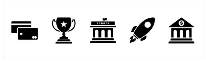 A set of 5 Mix icons as debit card, trophy, school building vector