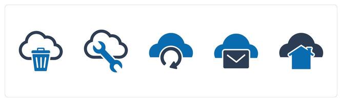 A set of 5 Internet icons as trash cloud, cloud setting, update cloud vector