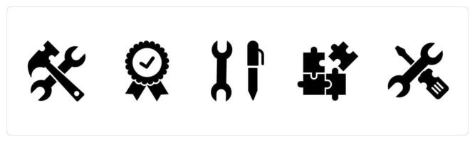 A set of 5 Mix icons as hand tool, badge, puzzle vector
