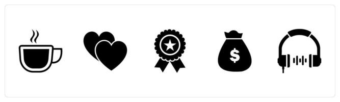 A set of 5 Mix icons as hot coffee, in love, star badge vector