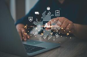 Artificial intelligence AI technology,man using chat with AI management and support technology in the Business.Futuristic technology transformation. photo