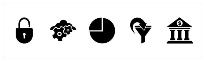 A set of 5 Business icons as open lock, cloud settings, pie chart vector