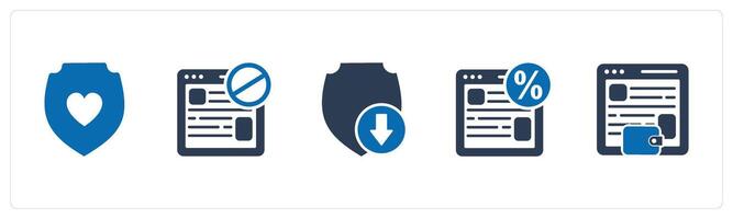 A set of 5 Internet icons as favorite shield, webpage prohibited, download shield vector