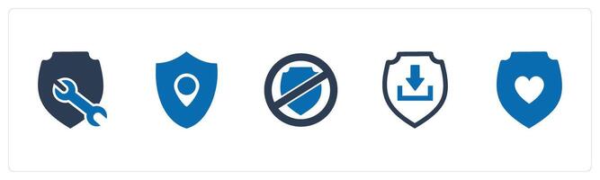 A set of 5 Internet icons as shield maintenance, location shield, shield prohibited vector