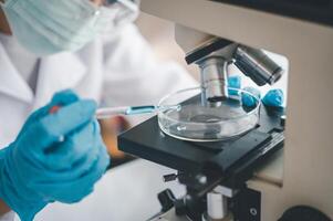 Female researchers are experimenting with pipette dropping a sample into a test tube in an experiment research in laboratory.. photo
