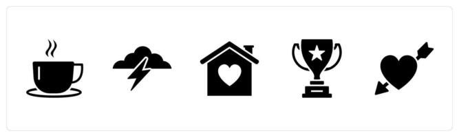 A set of 5 Business icons as hot beverage, cloud lightning, sweet home vector