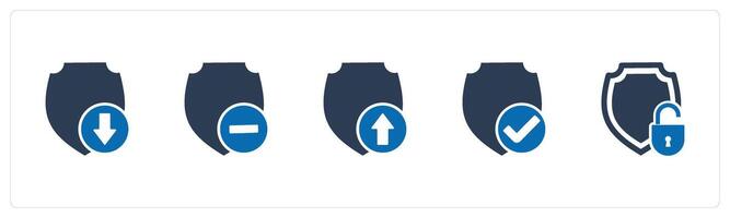A set of 5 Internet icons as download shield, remove shield, upload shield vector