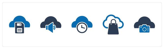 A set of 5 Internet icons as cloud memory card, cloud volume, cloud time vector