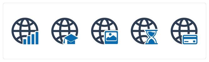 A set of 5 Internet icons as global statistics, global education, global image vector