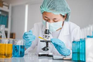 Female researchers are experimenting with pipette dropping a sample into a test tube in an experiment research in laboratory.. photo