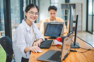 Female programmer working on coding, software development and web design.Concept technology development. photo