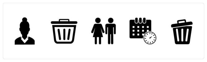A set of 5 Mix icons as lady with bun, trash, man woman vector