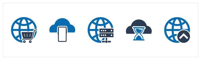 A set of 5 Internet icons as global cart, mobile cloud, global server vector
