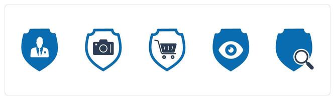 A set of 5 Internet icons as private shield, camera security, shopping shield vector