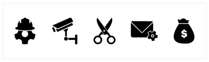 A set of 5 Mix icons as mechanic, cctv, scissor vector