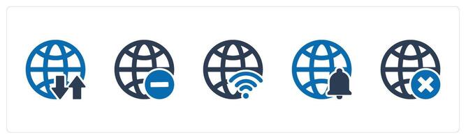A set of 5 Internet icons as global synchronize, remove globe, global wifi vector