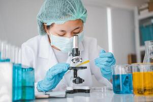 Female researchers are experimenting with pipette dropping a sample into a test tube in an experiment research in laboratory.. photo