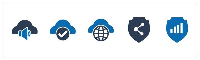 A set of 5 Internet icons as cloud volume, approve cloud, global cloud vector