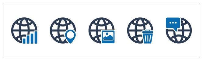 A set of 5 Internet icons as global statistics, global location, global image vector