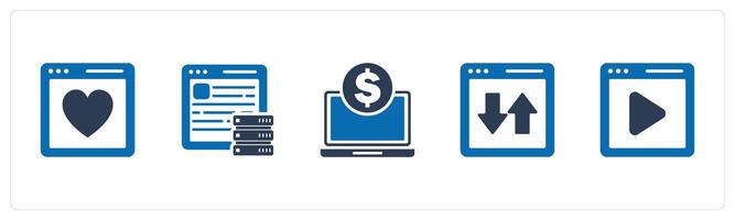A set of 5 Internet icons as favorite webpage, hosting, online finance vector