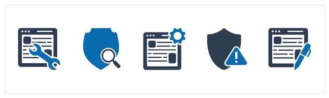 A set of 5 Internet icons as webpage maintenance, shield search, webpage settings vector