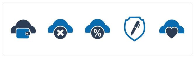 A set of 5 Internet icons as cloud wallet, wrong cloud, cloud discount vector