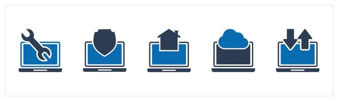 A set of 5 Internet icons as laptop maintenance, laptop security, home laptop vector