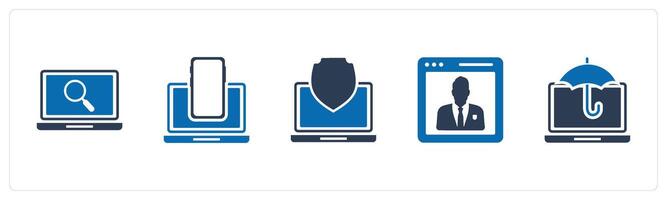 A set of 5 Internet icons as laptop search, responsive, laptop security vector