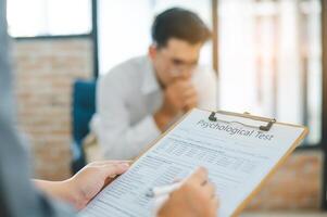 Psychologist listening to the problem of a patient with mental health problems, a patient for treatment encouragement Love and family problems, bipolar, depressed patients prevent suicide photo