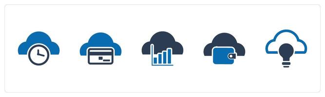 A set of 5 Internet icons as cloud time, cloud card, cloud statistics vector