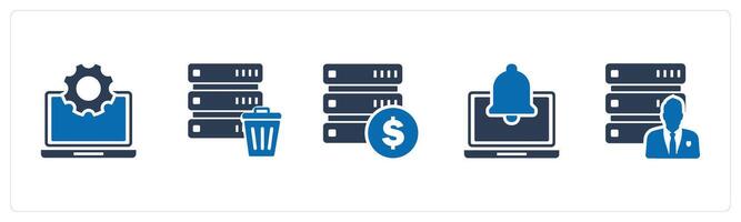 A set of 5 Internet icons as laptop settings, trash server, finance server vector