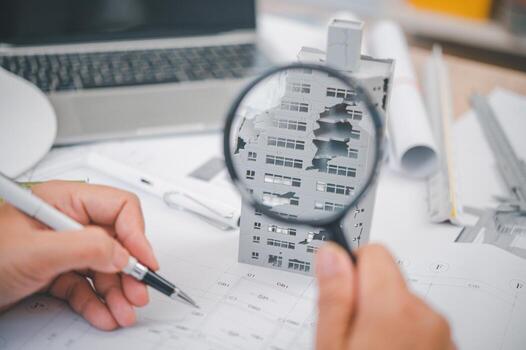 Engineer with collapsed building model, engineer analyzing Cause of building collapse or house collapse photo