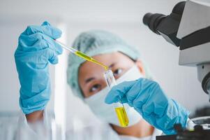 Female researchers are experimenting with pipette dropping a sample into a test tube in an experiment research in laboratory.. photo