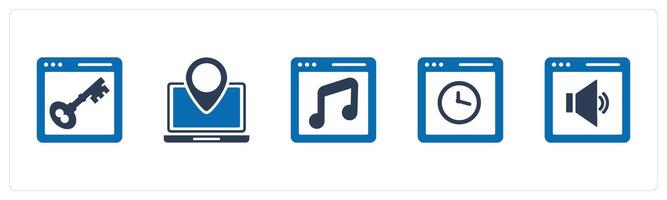 A set of 5 Internet icons as webpage protection, laptop location, online music vector